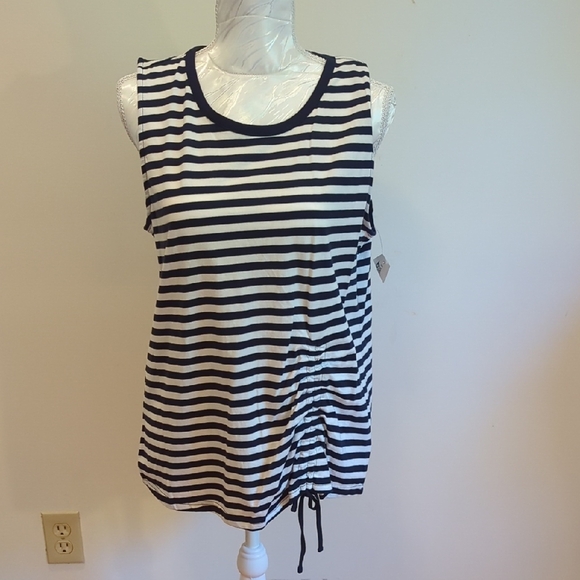 Time and Tru White and Blue Ruched Tie Front Tank Top - Picture 1 of 6